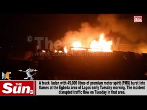 Truck laden with 45,000 litres of PMS bursts into flames in Lagos (VIDEO)