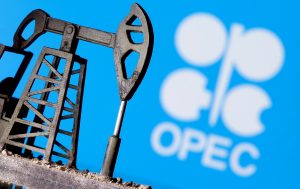 FILE PHOTO: FILE PHOTO: A 3D-printed oil pump jack in front of the OPEC logo in this illustration picture