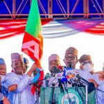 Zamfara Governor Bello Matawalle (holding APC flag), APC National Chairman, Caretaker/Extraordinary Convention Planning Committee of our party, the APC, Governor Mai Mala Buni (centre, speaking)