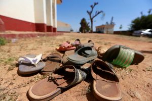 A collection of student footwears left behind after gunmen abducted students at the Government Science school in Kankara