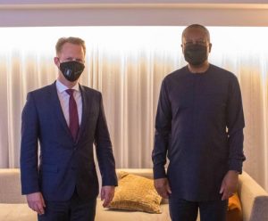 Minister of Foreign Affairs Geoffrey Onyeama (R) and the Foreign Minister of Denmark Jeppe Kofod (L) during a bilateral meeting on the sidelines of the 76th United Nations General Assembly (UNGA) in New York