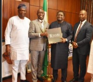R-L: HRM Oba Dr Adetayo Haastrup, the Olumobi of Imobi-Ijesa; MR Olusegun Mojeed (President); Mr Femi Adesina and Mr Henry Unakpor (Vice President)
