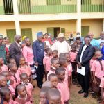 Ekiti Deputy Governor Otunba Bisi Egbeyemi with SUBEB Commissioner in charge of Projects Management Dr Kayode Adeoye and Mr Femi Owoeye (in black suit) of Isan Secondary School, Isan Ekiti, who emerged as the Second Best Teacher in Nigeria at the 2021 World Teachers’ Day and other school officials after the project commissioning at LA Friendly Primary School, Isan Ekiti