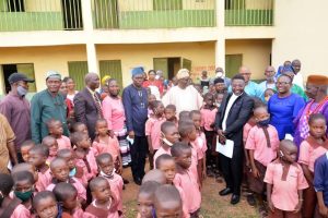 Ekiti Deputy Governor Otunba Bisi Egbeyemi with SUBEB Commissioner in charge of Projects Management Dr Kayode Adeoye and Mr Femi Owoeye (in black suit) of Isan Secondary School, Isan Ekiti, who emerged as the Second Best Teacher in Nigeria at the 2021 World Teachers’ Day and other school officials after the project commissioning at LA Friendly Primary School, Isan Ekiti