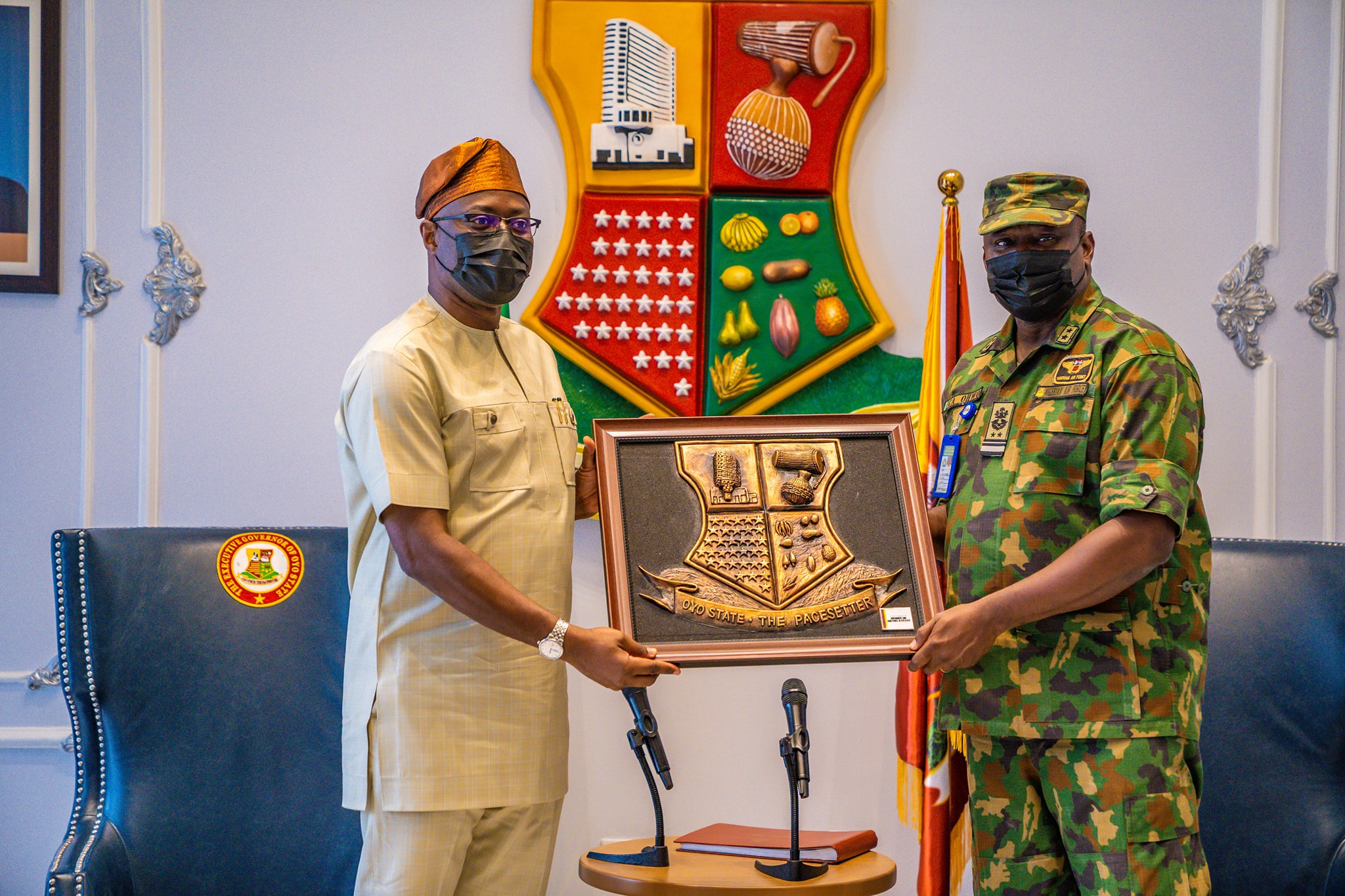 Oyo Governor Seyi Makinde receives Air Vice Marshall Charles Akpochai Ohwo, Air Officer Commanding, Logistics Command, Ikeja