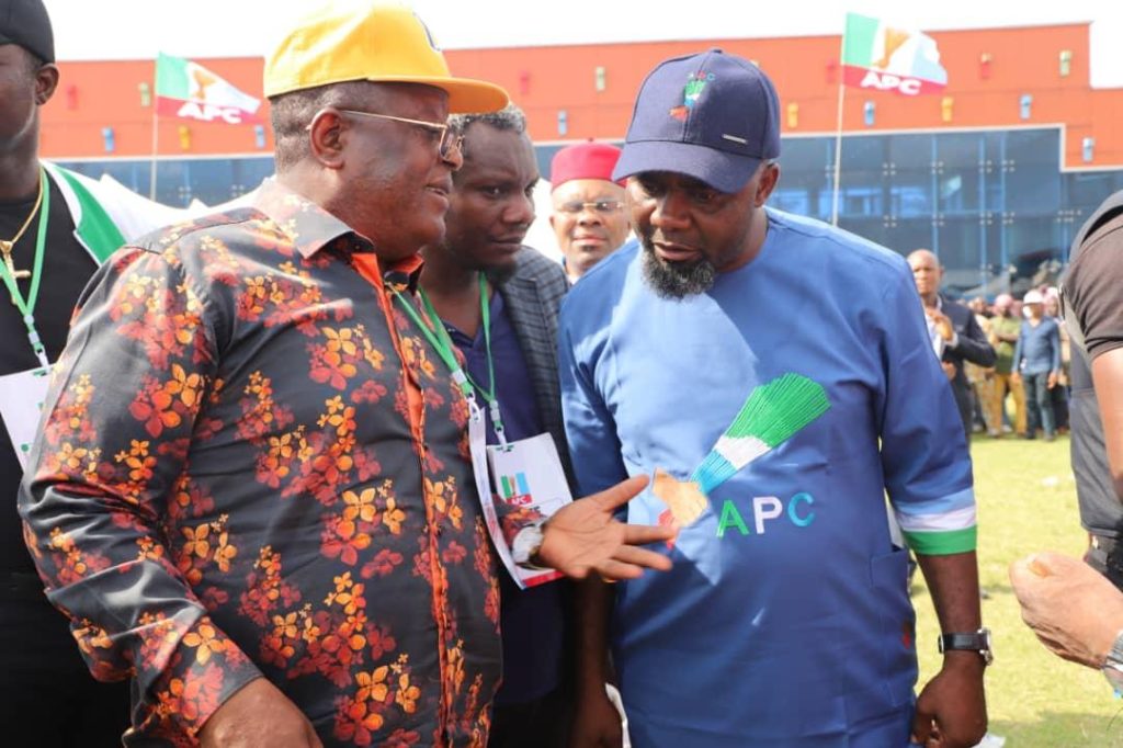Ebonyi Governor David Umahi (L), Ebonyi APC Chairman Chief Stanley Okoro-Emegha (R)