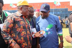 Ebonyi Governor David Umahi (L), Ebonyi APC Chairman Chief Stanley Okoro-Emegha (R)