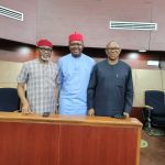 Valentine Ozigbo (middle) flanked by Mr Peter Obi (right) and Senate Minority Leader Senator Enyinnaya Abaribe (left)