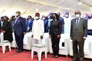 L-R: Hon Justice Mary Odili, Justice of the Supreme Court of Nigeria; NBA President Olumide A Akpata; Governor of Rivers State Nyesom Ezenwo Wike; Justice Eberechi Suzzette Nyesom-Wike and Governor of Sokoto State Rt Hon Aminu Waziri Tambuwal at the NBA 61st Annual General Conference in Port Harcourt on Monday