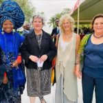L-R: Founder, Nike Art Gallery, Chief Nike Davies-Okundaye; US Ambassador to Nigeria Ambassador Mary Beth Leonard; Co-Chair of the Management Committee Adunni Olorisha Trust Robin Campbell; with US Consul General Claire Pierangelo during the MOU Signing Ceremony for the digital documentation, training and conservation planning for the Osun Osogbo Sacred Grove in Lagos