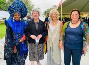 L-R: Founder, Nike Art Gallery, Chief Nike Davies-Okundaye; US Ambassador to Nigeria Ambassador Mary Beth Leonard; Co-Chair of the Management Committee Adunni Olorisha Trust Robin Campbell; with US Consul General Claire Pierangelo during the MOU Signing Ceremony for the digital documentation, training and conservation planning for the Osun Osogbo Sacred Grove in Lagos