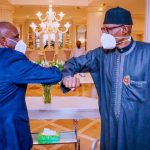 President and Chairman of the Board of Directors of Afreximbank Benedict Oramah (L), President Muhammadu Buhari (R)