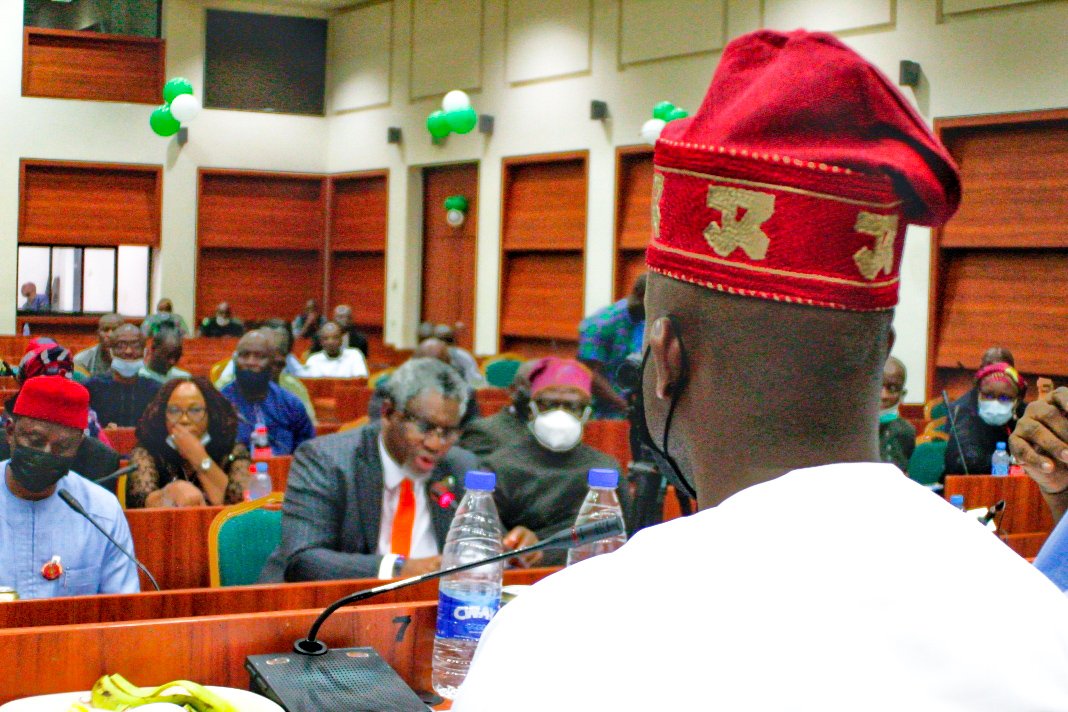 Deputy Chairman HoR Committee on Steel, Ibrahim Babajide Obanikoro with his colleagues in the Committee received  the Minister of Mines and Steel Devpt. Mr Olamilekan Adegbite for the presentation of 2021 Budget Performance and the 2022 Budget proposal