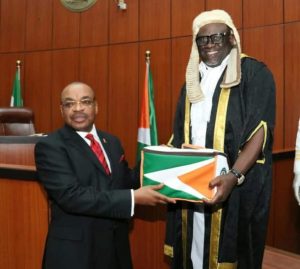 Akwa Ibom State Governor Udom Emmanuel with Speaker of the State House of Assembly Aniekan Bassey