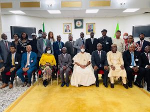 Minister of Interior Rauf Aregbesola (centre) at launch of Nigeria’s enhanced e-passport in London, UK, on Tuesday, November 23, 2021