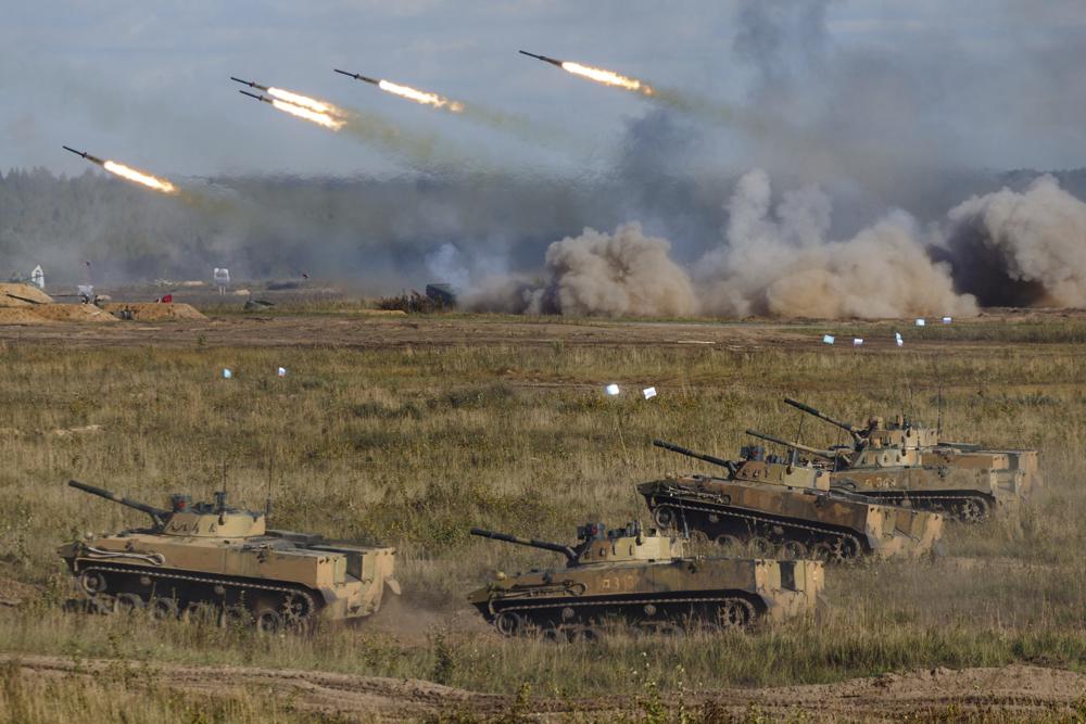 FILE – In this photo released by the Russian Defense Ministry Press Service, a view of the joint strategic exercise of the armed forces of the Russian Federation and the Republic of Belarus Zapad-2021 at the Mulino training ground in the Nizhny Novgorod region, Russia, Saturday, Sept. 11, 2021. A Russian troop buildup near Ukraine has fueled Ukrainian and Western fears of an invasion, but Moscow has denied planning such an attack. (Vadim Savitskiy/Russian Defense Ministry Press Service via AP, File)