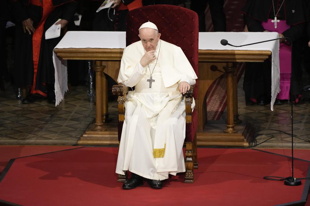 FILE – Pope Francis attends a meeting with priests, religious men and women, seminarians and catechists, at the Cathedral of Saint Martin, in Bratislava, Slovakia, Sept. 13, 2021. Pope Francis is celebrating his 85th birthday Friday, Dec. 17, 2021, a milestone made even more remarkable given the coronavirus pandemic, his summertime intestinal surgery and the weight of history: His predecessor retired at this age and the last pope to have lived any longer was Leo XIII over a century ago. (AP Photo/Gregorio Borgia, file)