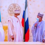 President Muhammadu Buhari (Middle), Katsina Governor Aminu Masari (R)