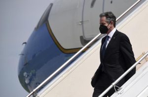 U.S. Secretary of State Antony Blinken arrives at the international airport in Jakarta on Monday, Dec. 13, 2021. Blinken arrives in Indonesia on his first stop of a three-nation tour across Southeast Asia. (Olivier Douliery/Pool Photo via AP)