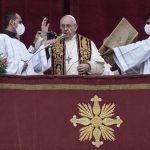 Pope Francis delivers the Urbi et Orbi (Latin for ‘to the city and to the world’ ) Christmas’ day blessing from the main balcony of St. Peter’s Basilica at the Vatican, Saturday, Dec. 25, 2021. (AP Photo/Gregorio Borgia)