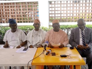 Afenifere Acting Leader Chief Ayo Adebanjo (2nd right), Senator Femi Okunrounmu (2nd left), Mogaji Gboyega Adejumo (left) and Dr Ebun Sonaiya, during the press conference