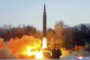This photo provided by the North Korean government, shows what it says a test launch of a hypersonic missile in North Korea Wednesday, Jan. 5, 2022. Independent journalists were not given access to cover the event depicted in this image distributed by the North Korean government. The content of this image is as provided and cannot be independently verified. Korean language watermark on image as provided by source reads: “KCNA” which is the abbreviation for Korean Central News Agency. (Korean Central News Agency/Korea News Service via AP)