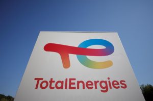 The logo of French oil and gas company TotalEnergies at a petrol station in Treillieres