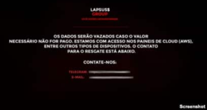 A screenshot of the Portuguese newspaper site Expresso.pt on Jan. 3, 2022, showing the message from hackers calling themselves Lapsus$ Group, saying internal data would be leaked unless a ransom is paid.