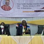 UNILAG VC, Prof. Ogundipe (middle), Registrar, Mr. Azeez Oladejo (left) and DVC, Prof. Oluwole Familoni at convocation briefying on Tuesday