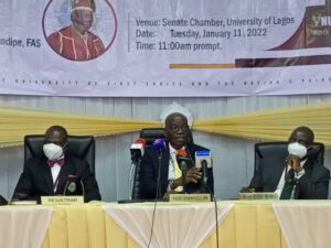 UNILAG VC, Prof. Ogundipe (middle), Registrar, Mr. Azeez Oladejo (left) and DVC, Prof. Oluwole Familoni at convocation briefying on Tuesday