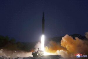 FILE – This photo provided by the North Korean government shows what it says a test launch of a hypersonic missile on Jan. 11, 2022 in North Korea. Independent journalists were not given access to cover the event depicted in this image distributed by the North Korean government. The content of this image is as provided and cannot be independently verified. Korean language watermark on image as provided by source reads: “KCNA” which is the abbreviation for Korean Central News Agency. (Korean Central News Agency/Korea News Service via AP, File)