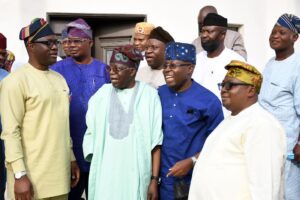 From left: Oyo State Governor Seyi Makinde; Asiwaju Bola Tinubu; Senator Soji Akanbi and Chief Bayo Adelabu during Tinubu condolence visit to Government House, Agodi, Ibadan over the death of Former Governor of Oyo State Otunba Adebayo Alao Akala, Olubadan and Soun  (Photo credit: Gbenga Olugbodi)