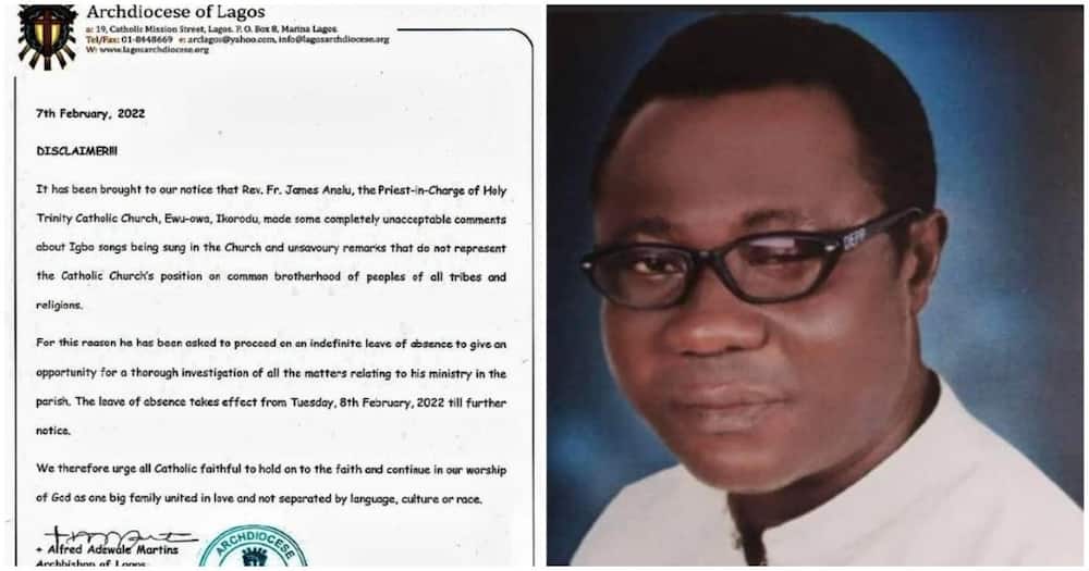 Catholic priest on indefinite leave for banning Igbo songs in church
