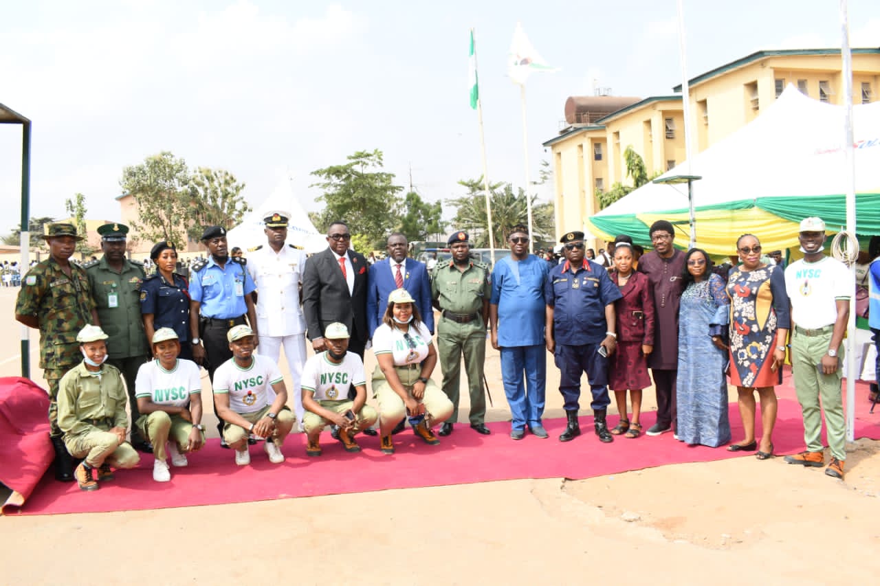 Lagos NYSC coordinator, Mr. Eddy Megwa flanked by dignitaries at 2021 Batch A Stream 1 passing out parade corps members on Wednesday