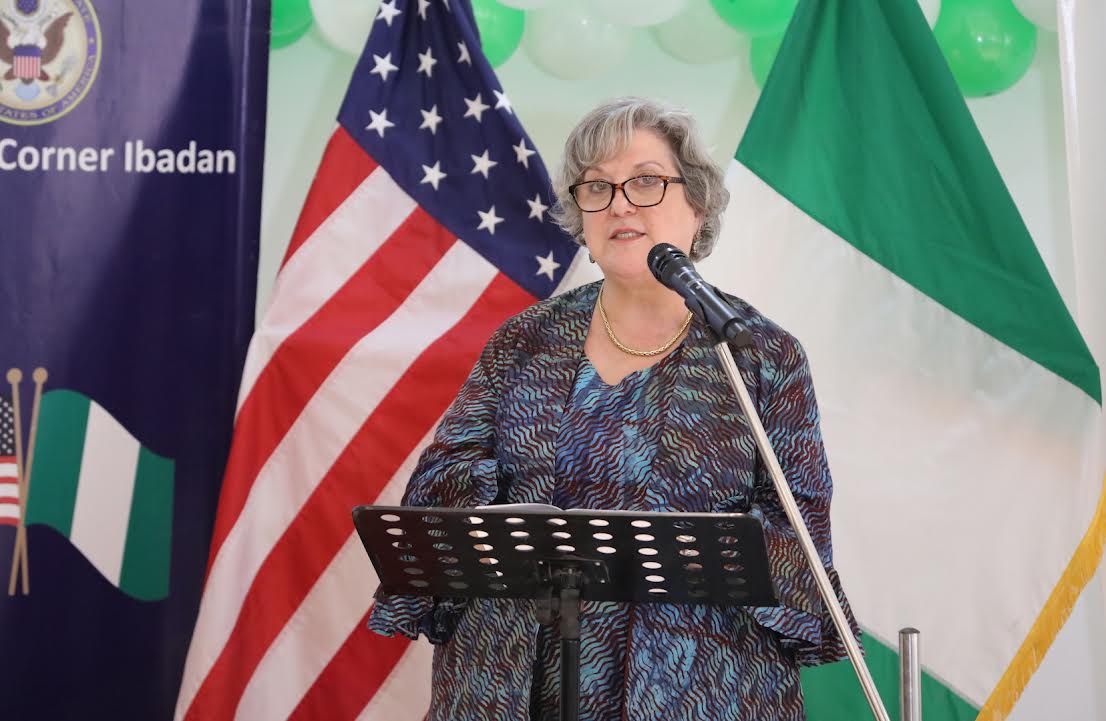 Ambassador Mary Beth Leonard delivering remarks at the ribbon-cutting ceremony for the reimagined American Corner Ibadan on Tuesday