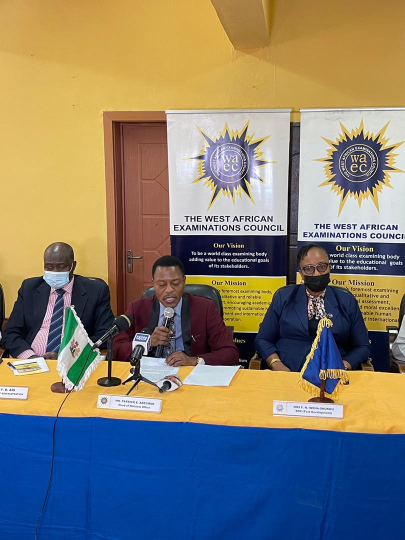 Mr. Areghan (middle) briefing newsmen on WAEC anniversay flanked by Directo of Administration, Mr. Yusuf Ari and Head of Test Administration, Mrs. Frances Iweha-Onukwu