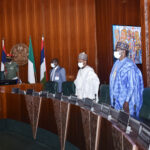 Governors Bello Matewelle of Zanfara; Abdulraman Abdurazak of  Kwara; Abubakar Badaru of Jigawa; Sani Bello of Niger State; Yahaya Bello of Kogi and Hope Uzodimma of Imo during a briefing by Progressive Governors Forum after their Meeting with President Muhammadu Buhari  at the Presidential Villa in Abuja on Wednesday