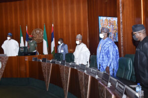 Governors Bello Matewelle of Zanfara; Abdulraman Abdurazak of  Kwara; Abubakar Badaru of Jigawa; Sani Bello of Niger State; Yahaya Bello of Kogi and Hope Uzodimma of Imo during a briefing by Progressive Governors Forum after their Meeting with President Muhammadu Buhari  at the Presidential Villa in Abuja on Wednesday