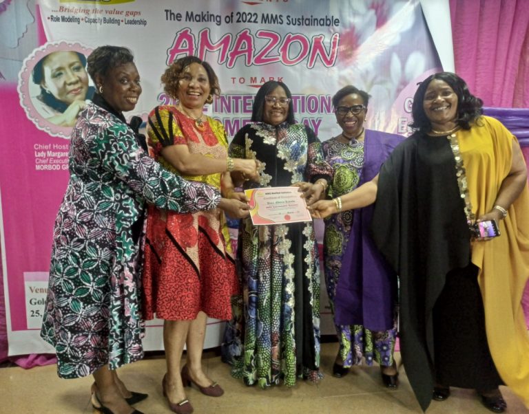 L-R: A former Continental President of African Women in Maritime (WIMAFRICA), Mrs. Jean-Chiazor Anishere (SAN); President of Women’s International Shipping and Trading Association (WISTA) Nigeria, Mrs. Eunice Ezeoke; one of the 2022 MMS Amazons, Mrs. Gloria Kanabe; CEO, Lelook Nigeria Limited, Mrs. Chinwe Ezenwa; and the President of WIMA-Nigeria, Mrs. Rollens Macfoy; during the International Women’s Day celebration organized by MMS Woman of Fortune Hall of Fame (WoFHoF) Initiative in Lagos