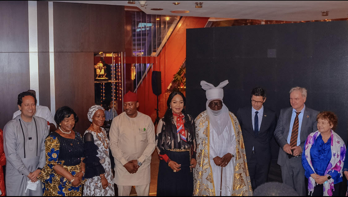 Caption: From L-R, IMF Resident Representative, Ari Aisen, representative of former President Olusegun Obasanjo, Iyalode  Alaba Lawson, UN Women Country Representative to Nigeria and ECOWAS, Comfort Lamptey, Deputy Chief Whip in the House of Representatives, Hon Nkiruka Onyejeocha, Representative of Sultan of Sokoto III, Emir of Keffi, Alhaji Shehu Yamusa III, Acting Canadian High Commissioner to Nigeria, Kevin Tokar, UN Resident Coordinator, Matthais Schmale and British High Commissioner to Nigeria, Catriona Laing.