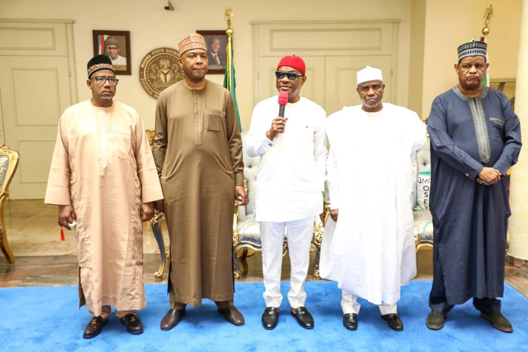 L-R: Governor of Bauchi State Bala Mohammed, former Senate President Senator Bukola Saraki, Governor of Rivers State Nyesom Ezenwo Wike, Governor of Sokoto State Aminu Waziri Tambuwal and the former Managing Director of FSB International Bank, Dr Mohammed Hayatu-Deen after a closed-door meeting at the Government House, Port Harcourt on Wednesday