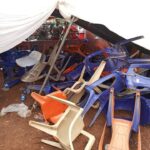 Destroyed chairs and canopy PDP party meeting.