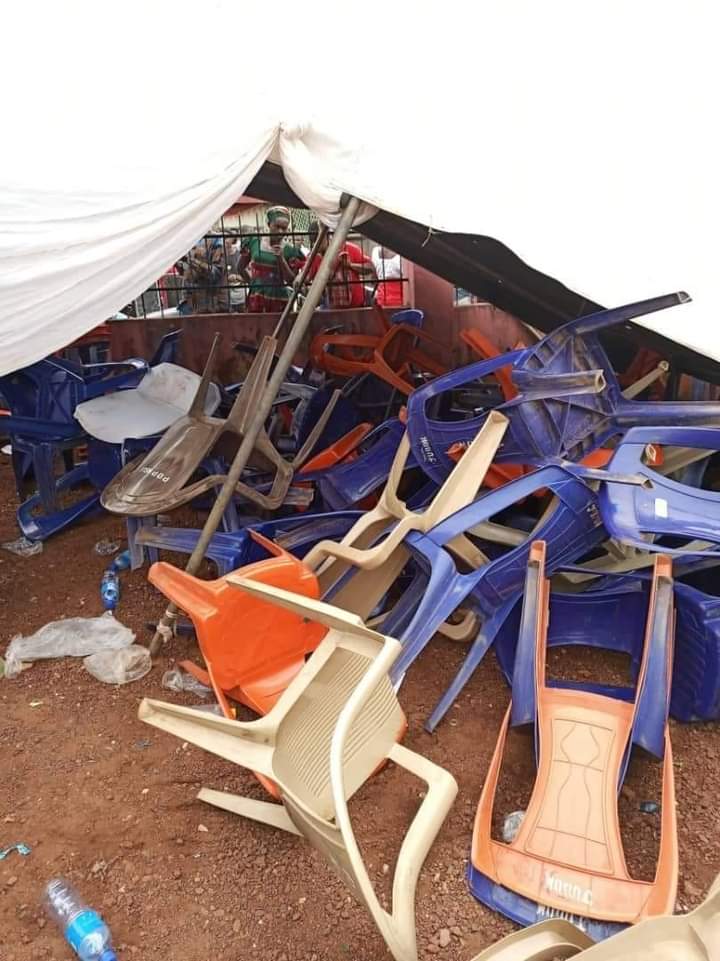 Destroyed chairs and canopy PDP party meeting.