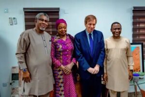 L-R: The Minister of Mines and Steel Development, Arc Olamilekan Adegbite; Permanent secretary of the ministry Dr Oluwatoyin Akinlade; Ambassador of Belgium to Nigeria Daniel Bertrand and the Minister of State, Mines and Steel Development, Dr Uche Ogah