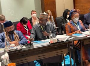 The Honourable Minister of Water Resources Engr Suleiman H Adamu FNSE FAeng, flanked by the Honourable Minister of Health Dr Osagie Ehanire (L) and the Honourable Minister of State for Environment Mrs Sharon Ikeazor(R) and other participants at the SMM in Jakarta Indonesia on Wednesday 18th May 2022.