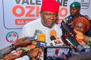 File: Valentine Ozigbo, the Peoples Democratic Party’s flag-bearer for the November governorship election in Anambra State, speaks to the press at a town hall meeting in July 29, 2021. Photo Credit: Onyinye Omah
