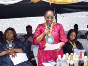 Mrs. Uche Ossai, Executive Director Support Services, flanked by other NGC staff delivering the address of the Managing Director of Nigeria Gas Company Limited, Engr. Seyi Omotowa at the occasion