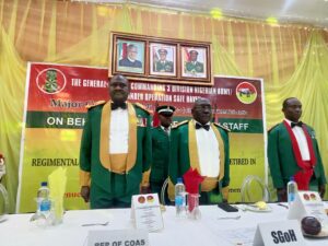 Major General Ibrahim Ali and Major General Hassan Umoru (retd) during the retirement ceremony of Officers at 3 Division of the Nigerian Army