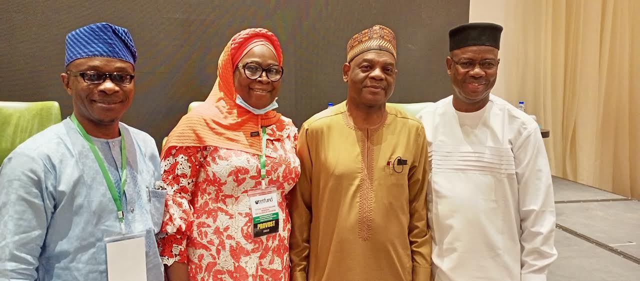 L-R: Deputy VC, Lagos State University of Education, Dr Onibon Olaijide, Vice-Chancellor of LASUED, Prof Bidemi Lafiaji-Okuneye, Executive Secretary, Tertiary Education Trust Fund, Arch. Sonny Echono and Executive Secretary, National Commission for Colleges of Education, Prof. Paulinus Okwelle at the workshop in Lagos