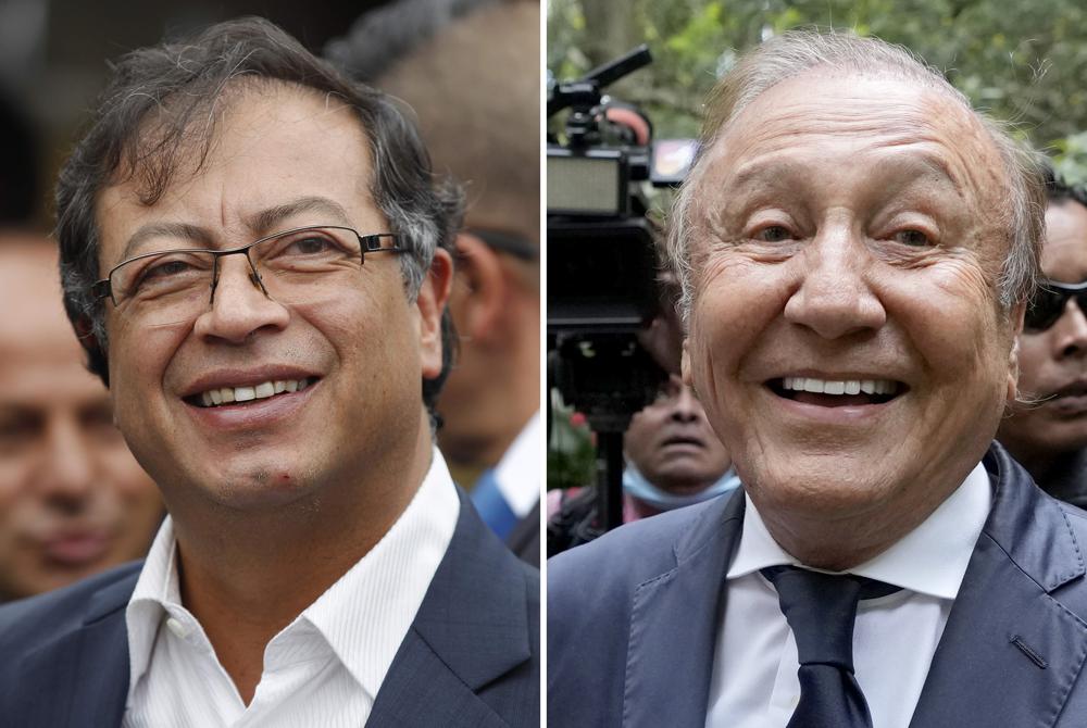 This combination of photos shows Colombian presidential candidates: Gustavo Petro, left, on June 17, 2018; and Rodolfo Hernandez, on June 2, 2022, in Bogota, Colombia. Polls show Petro and Hernandez, both former mayors, practically tied since advancing to the June 19th presidential runoff following the first-round election in which they beat four other candidates. (AP Photos/Martin Mejia, Fernando Vergara, Files)